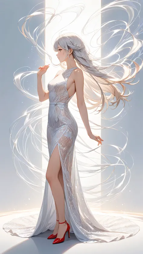  anatomically completely accurate 、full body portrait of a young Japanese woman、Gradated and transparent hair、ethereal strands of hair caught in motion、wolf cut hair、Hair that can be seen through lighting、thin waist、Large hips、Slightly long legs、Full patte...