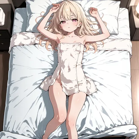 full nude wearing towel Beautiful collarbone Sexy legs small body Little girl, in bed, from above,