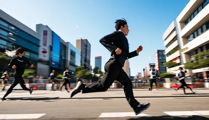 Japanese people running very fast Picture a man . he is wearing a black recruitment suit , black leather shoes, half-box-style hairstyle , the nerves in his leg glow turquoise from under his pants, The man's height is 170 cm , medium weight , The ma...