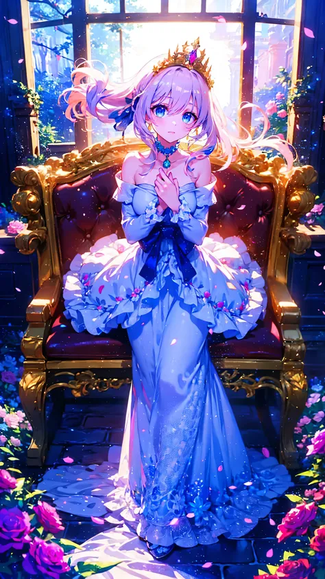  Beautiful young Snow Goddess with flowing blue accents in a long white dress ,  Standing in a Snowy Forest ,  Long flowing white hair dancing around her ,  Sparkling Spiritual Wind Spirit ,  gentle face ,  Beautiful Detailed Eyes ,  lips with beautiful de...