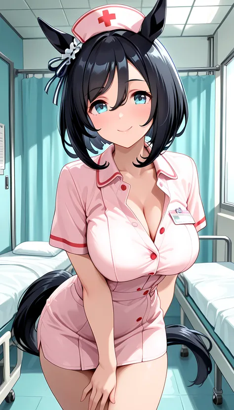((top quality, masterpiece, high res)), one girl, eishin flash\(umamusume\), nurse, nurse, Hospital room, Smile Yan, miniskirt, Chest Valley