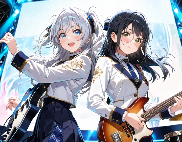 ((ultra-detailed)), (highly detailed CG illustration), (best quality:1.2), ultra-highly detailed, colorful composition, artistic photoshoot, 2girls, duo focus, Yuri:1.3, back-to-back:1.4, upper body:1.2, cowboy shot, moe anime character, on idol stage, pla...