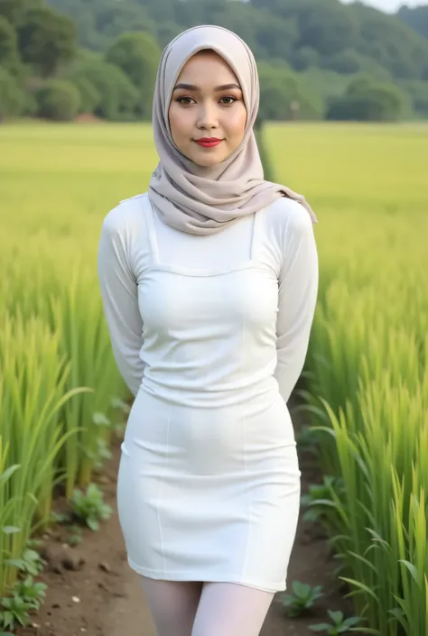 Just Front photo, wear a pastel translucent (white) leggings closed my center, Tetek besar melayut, hijab hijab hijab hijab, (photorealistic:1.6), background rice paddy. daytime atmosphere, don't put any rope! flat chest!, duduk di atas kerusi kaca, hands...