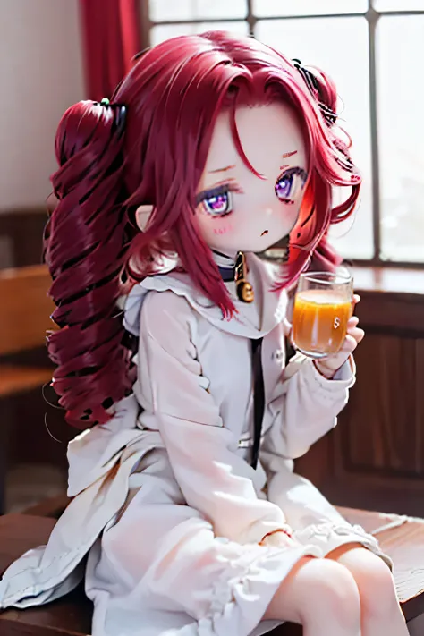 Shikoku methane　dark reddish purple hair　 Hair lift　(((  hair loss on the way  )))　sitting on a table chair and drinking tea　Shikoku methane's hairstyle　Stick out your forehead 