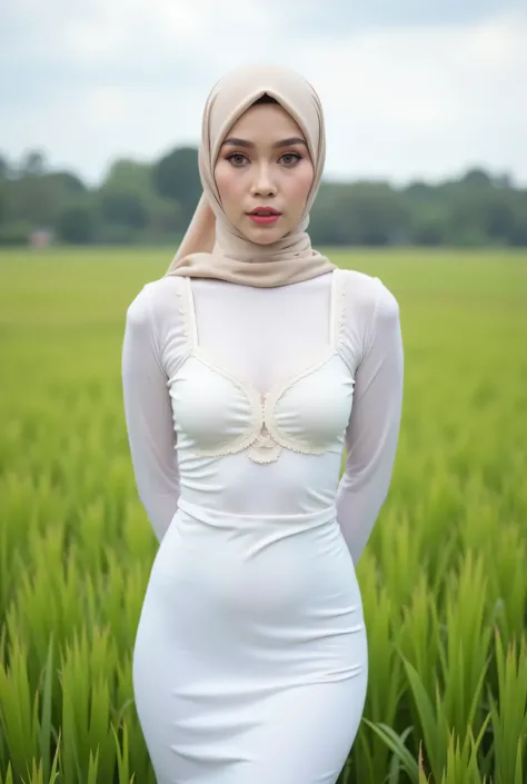 Just Front photo, wear a pastel translucent (white) leggings closed my center, Tetek besar melayut, hijab hijab hijab  hijab, (photorealistic:1.6), background rice paddy. daytime atmosphere, don't put any rope! flat chest!, duduk di atas kerusi kaca, hands...