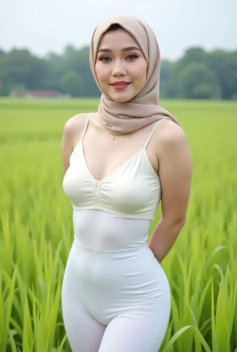 Just Front photo, wear a pastel translucent (white) leggings closed my center, Tetek besar melayut, hijab hijab hijab  hijab, (photorealistic:1.6), background rice paddy. daytime atmosphere, don't put any rope! flat chest!, duduk di atas kerusi kaca, hands...