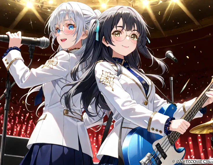 ((ultra-detailed)), (highly detailed CG illustration), (best quality:1.2), ultra-highly detailed, colorful composition, artistic photoshoot, 2girls, duo focus, Yuri:1.3, back-to-back:1.4, upper body:1.2, cowboy shot, moe anime character, on idol stage, pla...