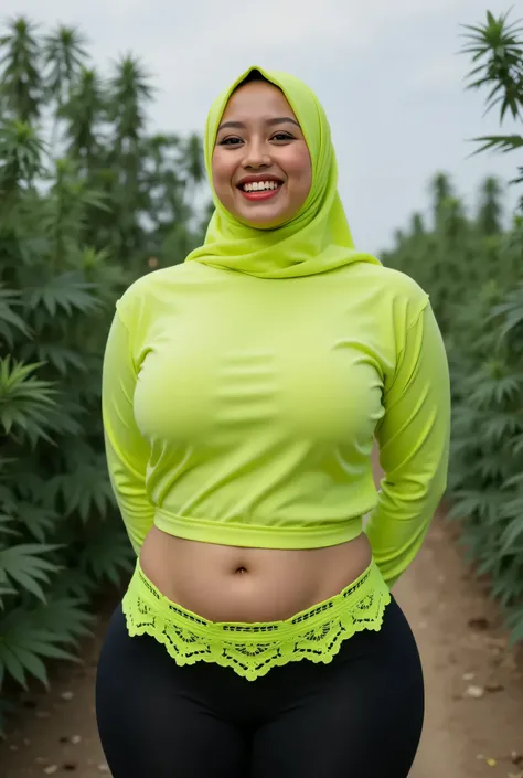 (Shree Sexy yellow Lace Garter Belt yellow), (Fat body) "Facial expression in Happy Tongue Orgasm",  (photorealistic:1.6) (Indonesian green Fluorescent hijab and strapless bra), background marijuana farm. daytime atmosphere, don't put any rope! flat chest!...