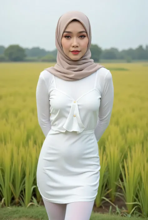 Just Front photo, wear a pastel translucent (white) leggings closed my center, Tetek besar melayut, hijab hijab hijab  hijab, (photorealistic:1.6), background rice paddy. daytime atmosphere, don't put any rope! flat chest!, duduk di atas kerusi kaca, hands...