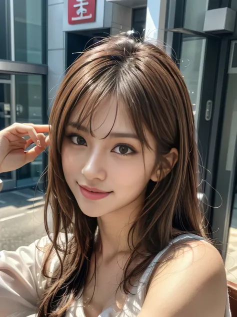 A Cute Taiwanese idols, upper body, pretty face, Attractive smile, Highly detailed face and skin texture, perfect face, Detailed face, (natural makeup), glossy lips, (brown ash hair:1.3), bangs, Slender, Stylish, (White blouse), (make a pose:1.2), (attract...