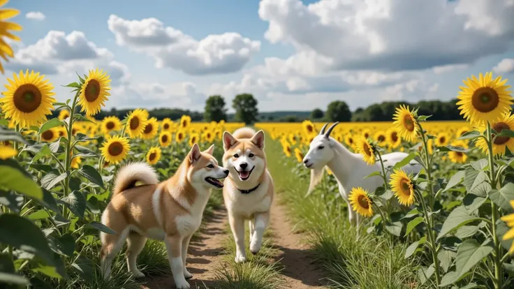 A vast sunflower field in mid-August under a bright summer sky with fluffy white clouds. Tall sunflowers sway gently in the warm breeze, filling the scene with vibrant yellow. In the middle of the field, a lively Shiba Inu joyfully runs and jumps, its fur ...