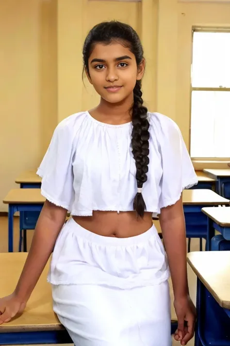 Skin texture style,Detailed skin,traditional clothe,Raw photo , 20 yo old 1 girl, full body  ,Wearing white  traditional clothes ,sri lanka cute teen 20 years old girl ,in the classroom,  with plait, professional photographer, (hdr:1.4), masterpiece, ultra...