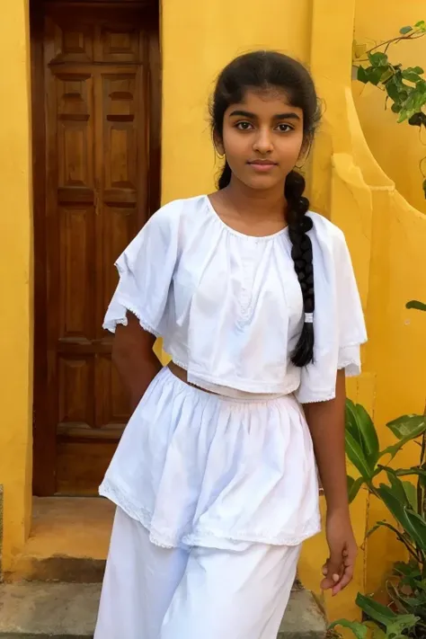 Skin texture style,Detailed skin,traditional clothe,Raw photo , 20 yo old 1 girl, full body  ,Wearing white  traditional clothes ,sri lanka cute teen 20 years old girl ,  with plait, professional photographer, (hdr:1.4), masterpiece, ultra-realistic 8k, pe...