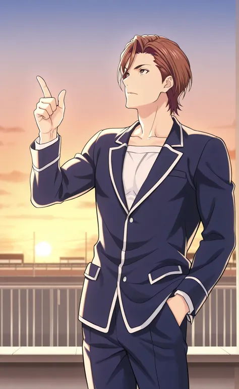 1male,solo,Sōsuke Aizen,brown hair,short hair,brown eyes,navy blue blazer,white shirt,navy blue pants,muscle,a person standing upright with feet together. The right arm is fully raised upward, with the index finger pointing straight up and the thumb extend...
