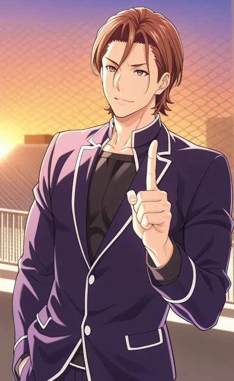 1male,solo,Sōsuke Aizen,brown hair,short hair,curly hair,brown eyes,cool face,Purple blazer,black dresshirt,muscle,a person standing upright with feet together. The right arm is fully raised upward, with the index finger pointing straight up and the thumb ...