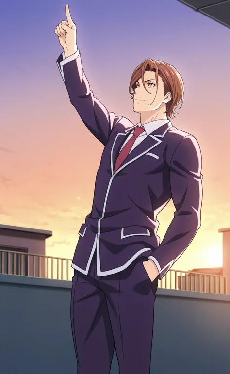 1male,solo,Sōsuke Aizen,brown hair,short hair,curly hair,brown eyes,cool face,Purple blazer,black dresshirt,muscle,a person standing upright with feet together. The right arm is fully raised upward, with the index finger pointing straight up and the thumb ...