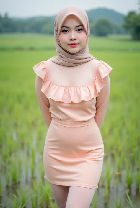 Just Front photo, wear a pastel translucent (peach) leggings closed my center, Tetek besar melayut, hijab hijab hijab hijab, (photorealistic:1.6), background rice paddy. daytime atmosphere, don't put any rope! flat chest!, duduk di atas kerusi kaca, hands...