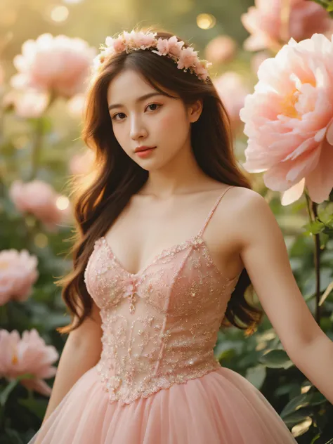 A hyper-realistic full-body portrait of a beautiful young Asian woman with flawless fair skin and long wavy brown hair. She is dressed as a fairy goddess in a dreamy pastel pink gown made of layered tulle, with a semi-transparent bodice embroidered with gl...
