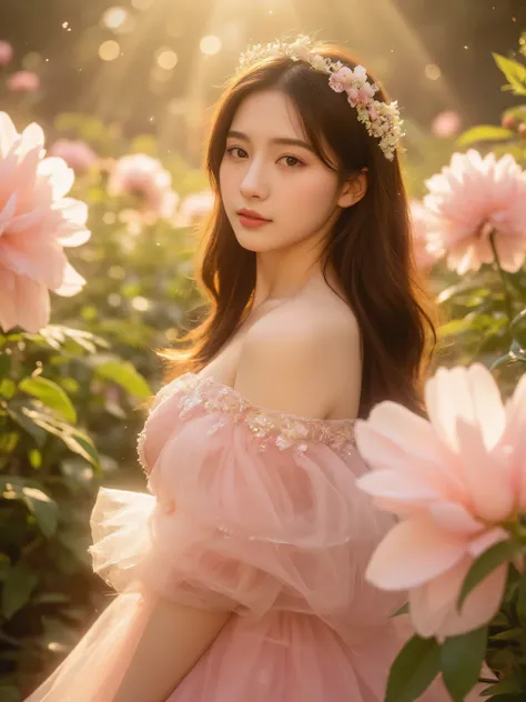 A hyper-realistic full-body portrait of a beautiful young Asian woman with flawless fair skin and long wavy brown hair. She is dressed as a fairy goddess in a dreamy pastel pink gown made of layered tulle, with a semi-transparent bodice embroidered with gl...