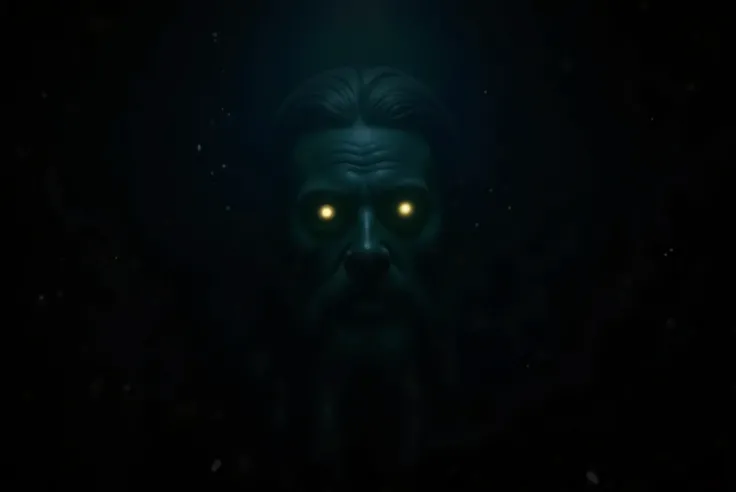 A dark fantasy style depicting the ancient face of a bearded sea deity emerging from the depths of the ocean. His glowing yellow eyes illuminate his dark green skin, furrowed brow, and prominent nose. Long hair flows into a cascading beard, blending with t...