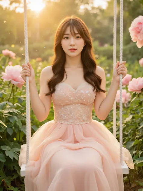A hyper-realistic full-body portrait of a beautiful young Asian woman with flawless fair skin and long wavy brown hair. She is sitting front-facing on a vintage white swing, gracefully posing with her hands resting on the ropes. Her expression is calm and ...