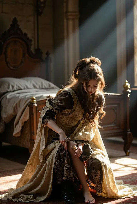 A woman is kneeling on the floor with both knees touching the ground, her upper body leaning slightly forward. One arm rests gently on her knee, while the other hand is placed on the floor for support. She is dressed in an elegant medieval gown with intric...