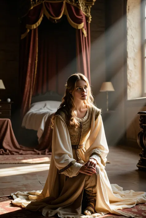 A woman is kneeling on the floor with both knees touching the ground, her upper body leaning slightly forward. One arm rests gently on her knee, while the other hand is placed on the floor for support. She is dressed in an elegant medieval gown with intric...