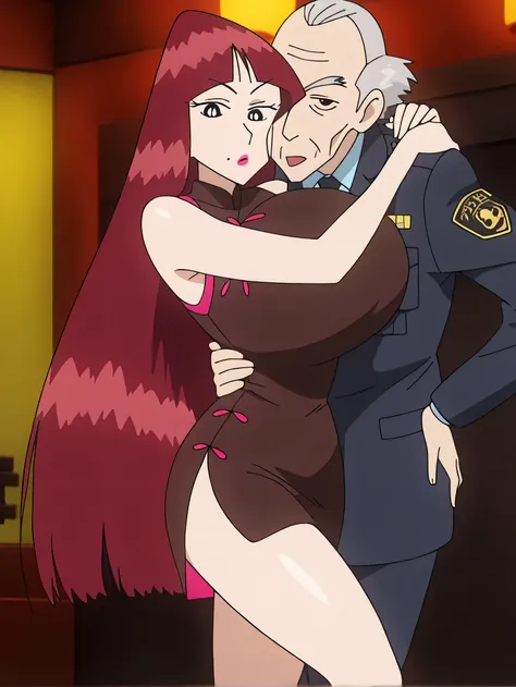 1girl,shiny skin,glistening skin,8k,<lora:omegaran_noob1.1_v1:1> ranomega, red hair, makeup, bangs,blunt bangs, very long hair, china dress, bare shoulders, sleeveless,huge breasts, BREAK
standing,tachi-e, side slit,hand on hip, bedroom,looking at viewer,m...