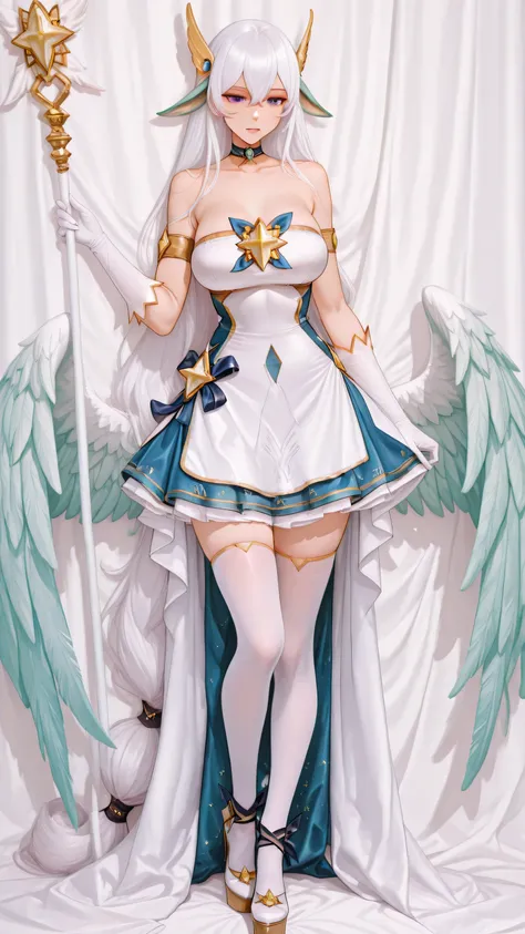 1girl, Belfast_shop,breasts, large breasts, long hair, white hair, bangs, collarbone, purple eyes, very long hair ,low-tied long hair ,hair between eyes, bare shoulders, gloves, magical girl, white gloves, skirt, alternate costume, armlet, choker, elbow gl...