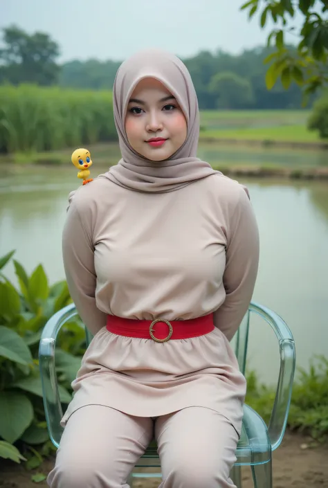 Small, (Shree Sexy Red plain Garter Belt) closed my center, Flat chest, hijab hijab hijab hijab, (photorealistic:1.6), background rice paddy. daytime atmosphere, don't put any rope! flat chest!, duduk di atas kerusi kaca, hands behind back spread the whil...