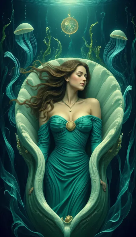 EtherealGlow,art nouveau style illustration of a beautiful young mermaid witch sleeping peacefully inside a large spiral seashell-shaped coffin at the bottom of the sea, her long flowing hair floating around her like underwater ribbons, tinted in deep teal...