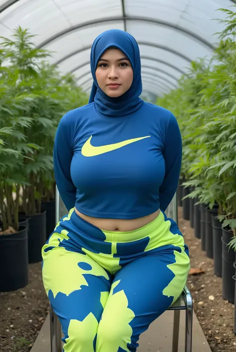 (FLARE SPORTS PANTS), (Fat body) "Facial expression in moody gloomy",  PLACE BOTH HANDS BEHIND YOUR BACK, (photorealistic:1.6) (Indonesian satin blue Fluorescent hijab and NIKE cropped T-shirt), background marijuana farm. daytime atmosphere, don't put any ...
