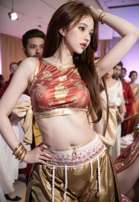 dolly little hot nave in a red and gold outfit, sunny leone, her belly button is exposed, navel, curves!!, aesthetic!!!!!! female genie, beautiful midriff, tinyest midriff ever, print ready, waist - shot, hands behind her body pose!, hello, belly button sh...