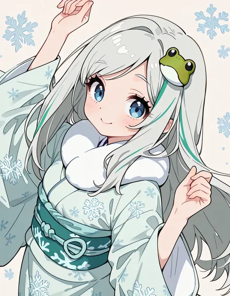 sideview,(dynamic angle,dynamic model pose),(looking at viewer),solo,upperbody,(pokemonmelony), blue eyes, eyelashes, tareme,long hair, multicolored hair, streaked hair, grey hair,japanese pastel blue Snowflake print kimono,(((with cute green frog))),soft ...