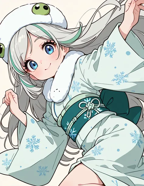 sideview,(dynamic angle,dynamic model pose),(looking at viewer),solo,upperbody,(pokemonmelony), blue eyes, eyelashes, tareme,long hair, multicolored hair, streaked hair, grey hair,japanese pastel blue Snowflake print kimono,(((with cute green frog))),soft ...