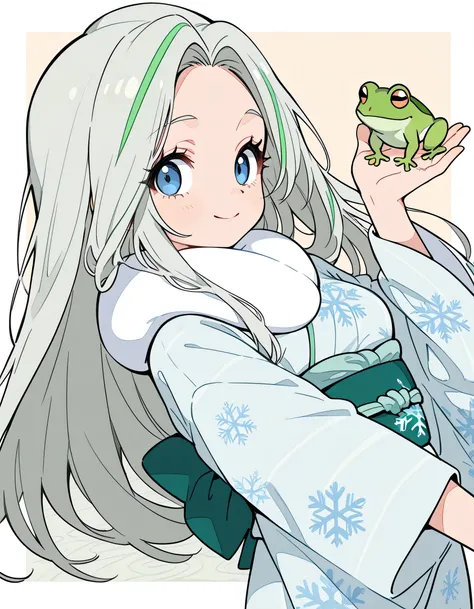 sideview,(((with cute green frog))),(dynamic angle,dynamic model pose),(looking at viewer),solo,upperbody,(pokemonmelony), blue eyes, eyelashes, tareme,long hair, multicolored hair, streaked hair, grey hair,japanese pastel blue Snowflake print kimono,soft ...