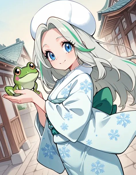 sideview,(((with cute green frog))),(dynamic angle,dynamic model pose),(looking at viewer),solo,upperbody,(pokemonmelony), blue eyes, eyelashes, tareme,long hair, multicolored hair, streaked hair, grey hair,japanese pastel blue Snowflake print kimono,memor...