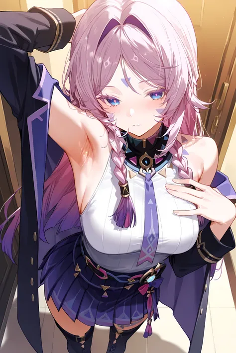 score_9, score_8_up, score_7_up, masterpiece, best quality, very aesthetic, absurdres, tunning image, attractive image, 1girl, solo, adult grown woman, citlali \(genshin impact\), pink hair, purple hair, multicolored hair, twin braids, hair intakes, blue e...