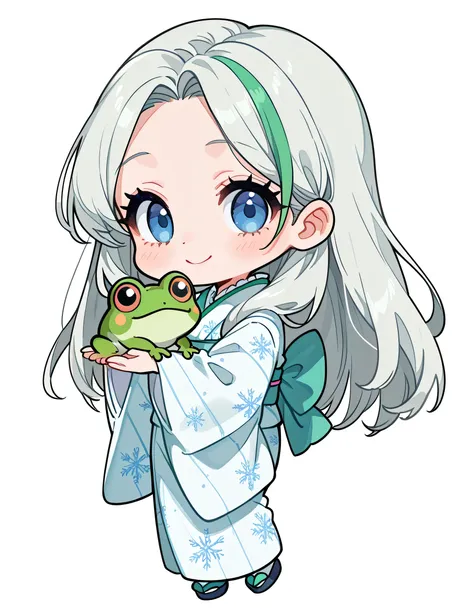 sideview,(chibi,fullbody),(((with cute green frog))),(looking at viewer),solo,upperbody,(pokemonmelony), blue eyes, eyelashes, tareme,long hair, multicolored hair, streaked hair, grey hair,japanese pastel blue Snowflake print kimono,white background,smile,