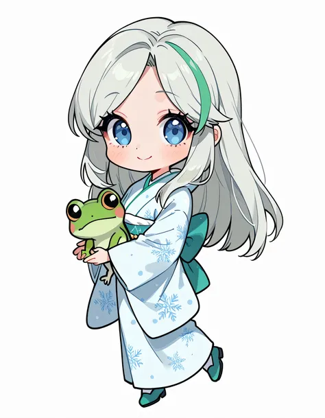 sideview,(chibi,fullbody),(((with cute green frog))),(looking at viewer),solo,upperbody,(pokemonmelony), blue eyes, eyelashes, tareme,long hair, multicolored hair, streaked hair, grey hair,japanese pastel blue Snowflake print kimono,white background,smile,