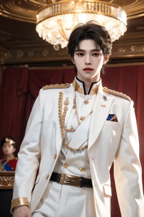 ((highest quality, 8K, masterpiece: 1.3)), live music concert stage background with spotlights, Handsome boy in k pop model outfit, ((25-year-old man)), well-groomed face, black hair color, thin face, (white skin:1.5), black eyes, Super handsome, sexy eyes...