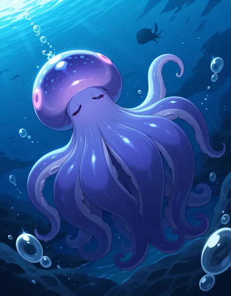 giant octopus girl sleeping in the bottom of ocean, tentacle legs, Kraken sleeping, under the ocean, purple bioluminescent light, small bubbles floating in zero gravity, sfw