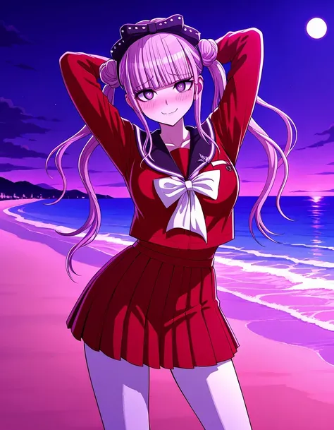 kako, pink hair, purple eyes, twintails, double bun, bow, blunt bangs, red serafuku, black sailor collar, red skirt, white pantyhose, game cg, high quality, closed mouth, solo, cowboy shot, night sky, beach, arms behind head, ((contrapposto)), looking at v...