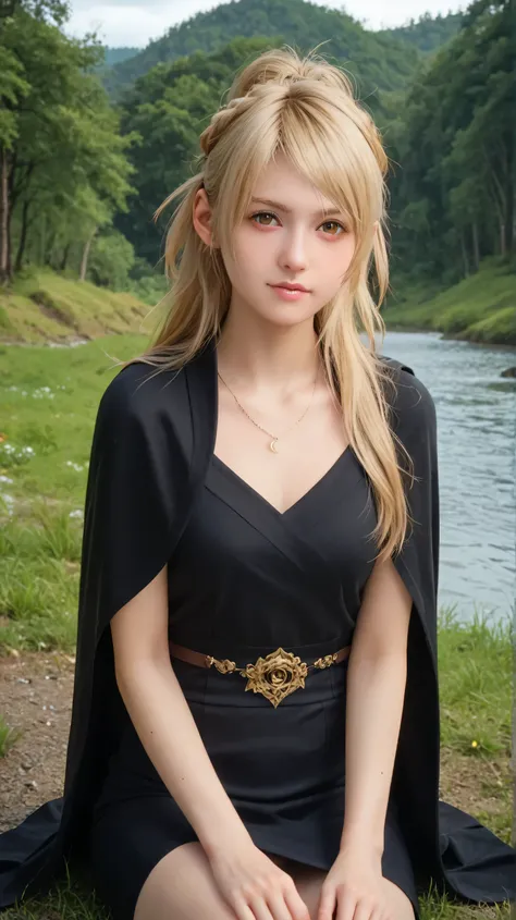 1girl, solo,Cagalli,golden eyes, blonde hair,long hair,outdoors,potrait,medium breast,nature,sitting on river,(black cloak:1.5), front view,black glove,ruby necklace,skirt, final fantasy outfit,black crown