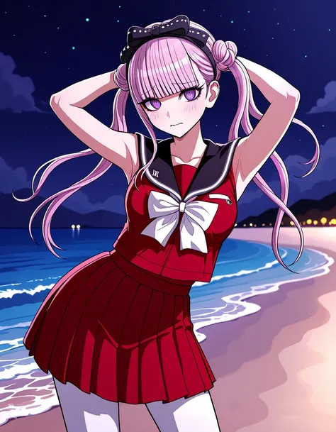 kako, pink hair, purple eyes, twintails, double bun, bow, blunt bangs, red serafuku, black sailor collar, red skirt, sleeveless, white pantyhose, high quality, closed mouth, solo, cowboy shot, night sky, beach, arms behind head, ((contrapposto)), looking a...