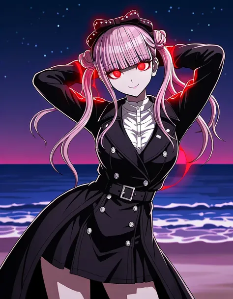 kako, pink hair, red glowing eyes, twintails, double bun, black bow, blunt bangs, alternate costume, black coat, black sleeves, black dress, belt, white shirt, high quality, closed mouth, solo, cowboy shot, night sky, beach, arms behind head, ((contrappost...