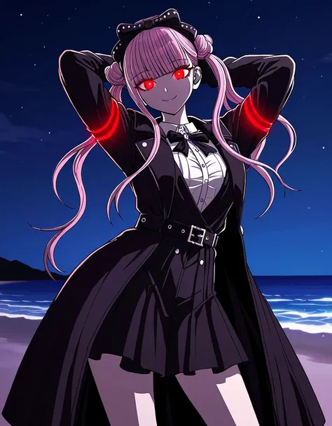 kako, pink hair, red glowing eyes, twintails, double bun, black bow, blunt bangs, alternate costume, black coat, black sleeves, black dress, belt, white shirt, high quality, closed mouth, solo, cowboy shot, night sky, beach, arms behind head, ((contrappost...