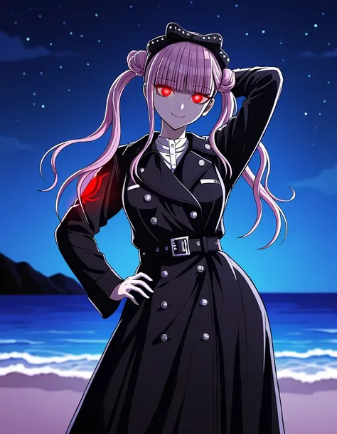 kako, pink hair, red glowing eyes, twintails, double bun, black bow, blunt bangs, alternate costume, black coat, black sleeves, black dress, belt, white shirt, high quality, closed mouth, solo, cowboy shot, night sky, beach, arm behind head, hand on hip, (...