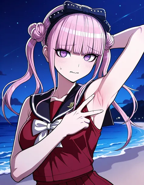 kako, pink hair, purple eyes, twintails, double bun, bow, blunt bangs, red serafuku, black sailor collar, sleeveless, high quality, closed mouth, solo, upper body, night sky, beach, <lora:spread-armpit-illustriousxl-lora-nochekaiser:1>, spread armpit, armp...