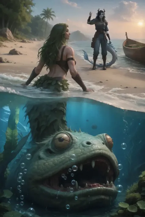 Composite image. The view from below shows the water's edge. В воде спит огромное существо с чудовищной зубастой пастью всё покрыто тиной и водорослями переходящее в верхнюю часть тела русалки женщина с зелёными волосами в тине и водорослях а нижняя часть ...